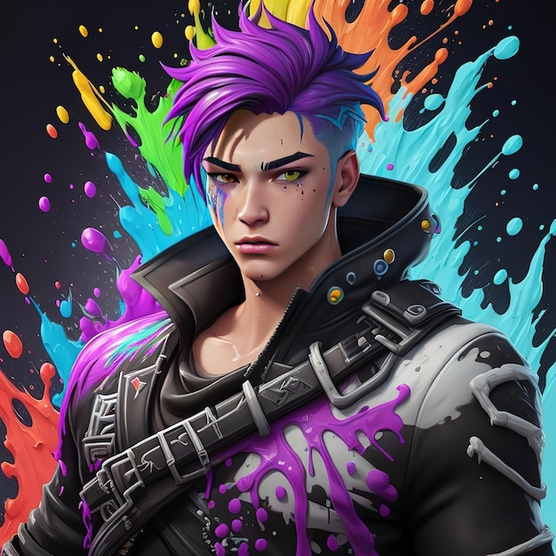 A character with a purple hair and a black shirt with the word " rainbow " on it.