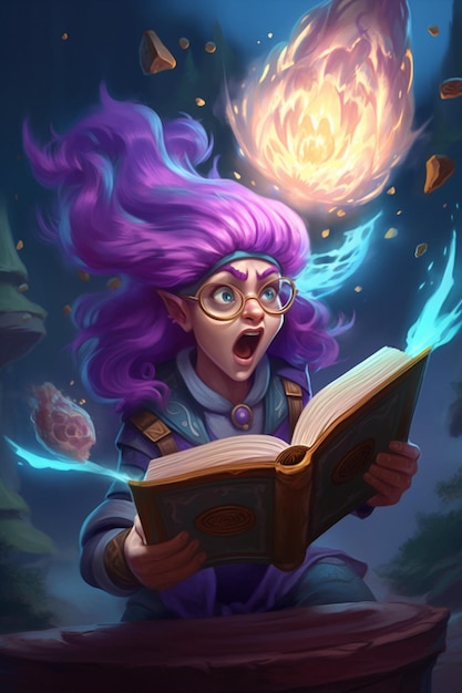 A character with purple hair reading a book with a fireball in the background.