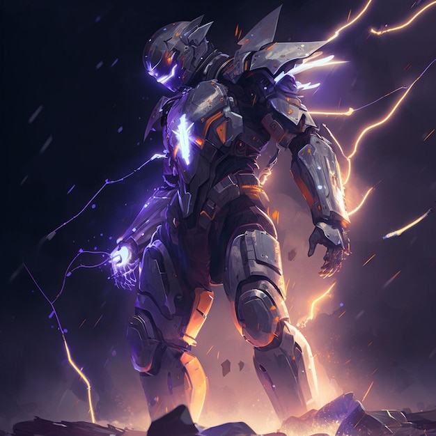 A character with a purple helmet and purple wings stands in the dark with a lightning bolt on his chest.