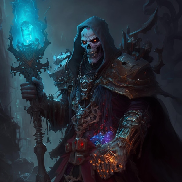 A character with a skull on his head holding a blue light.