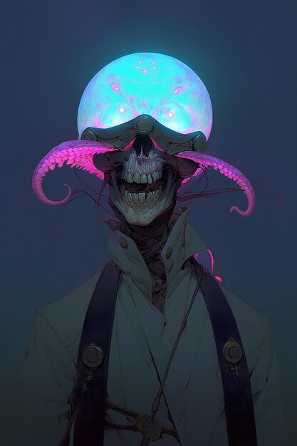 Photo a character with a skull and horns and a blue ball with the word skull on it.