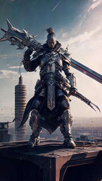 A character with a sword and a city in the background