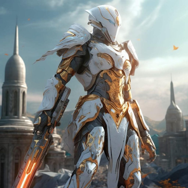 A character with a white and gold suit and a large building in the background.