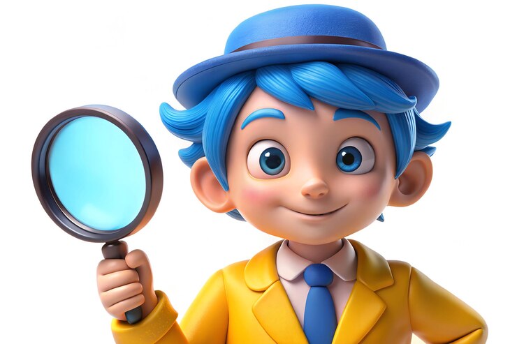 黄色いスーツと青いの少年探偵のキャラクターが白い背景に拡大鏡を握っている