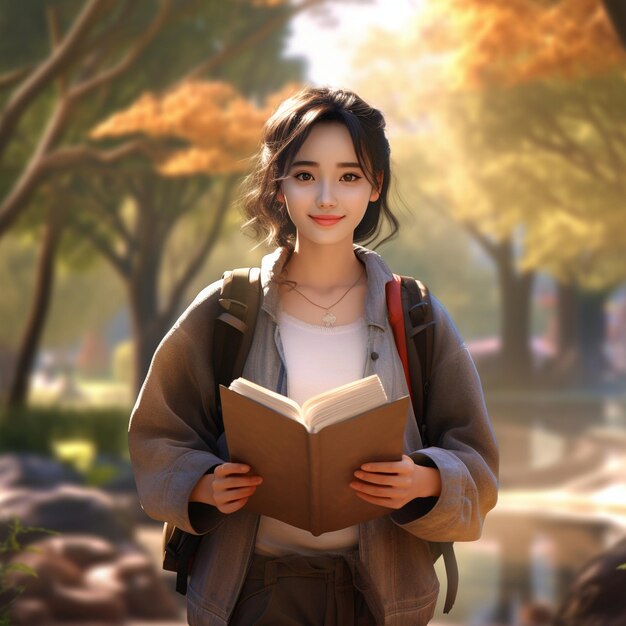 Character a young Chinese woman is walking in the park with a book in her hand