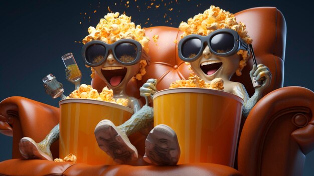 Foto personaggi che si godono film in 3d con i popcorn