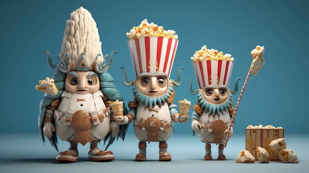 Photo characters presenting popcorn packages