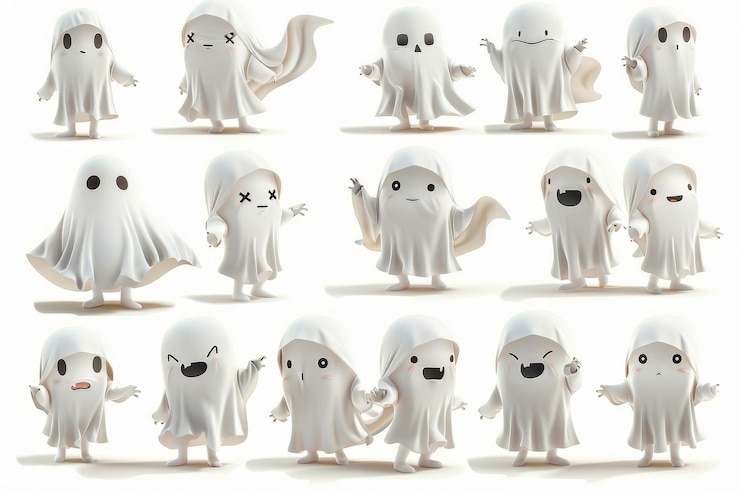 Photo 등장인물들은 귀여운 유령 의상을 입고 있습니다3dsticker 스타일 다중 포즈 24 이미지 다른 감정 백색 배경 ar 32 스타일 원시 v 6 직업 id 3b90916273ab4e6aa0fda5845e8f