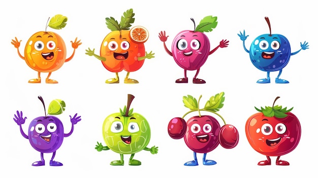 Photo characters with fruits and berries happy cherry gooseberry blueberry and apple mandarin garnet and pear laughing faces waving hands on modern illustration