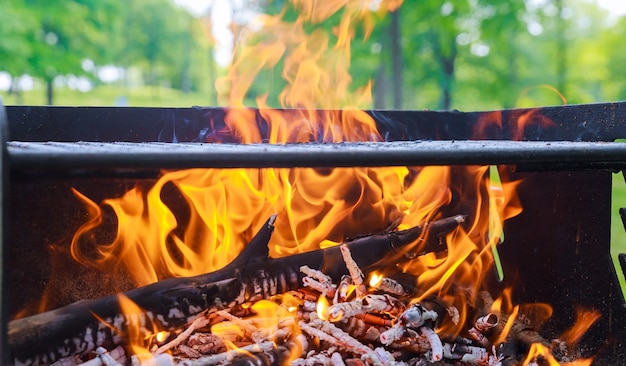 Carbone che brucia nel barbecue o sullo sfondo della cornice.