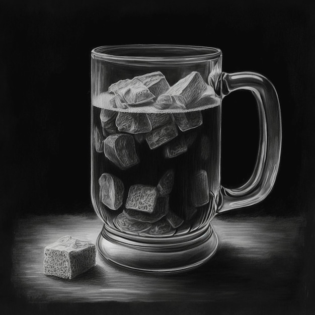 Charcoal Drawing of Coal Pieces in Ribbed Beer Mug