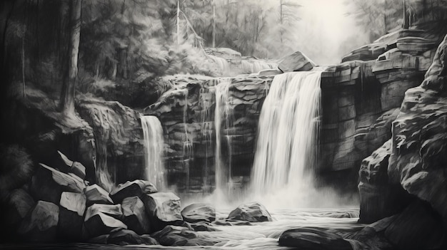 Charcoal Drawing Of A Serene Forest Waterfall