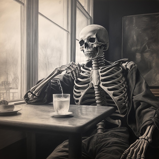 A charcoal drawing of a tired skeleton drinking his morning coffee