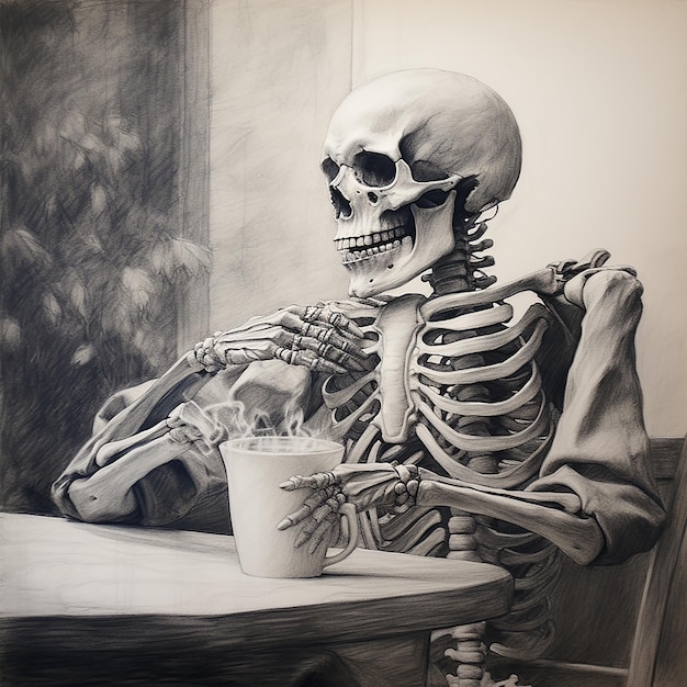 Рисунок уставшего скелета, пьющего утренний кофе.