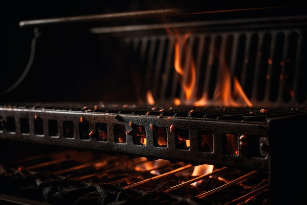 A charcoal grill with flames on the side