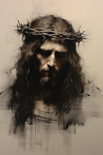 charcoal portrait drawing of Jesus Christ with a crown of thorns