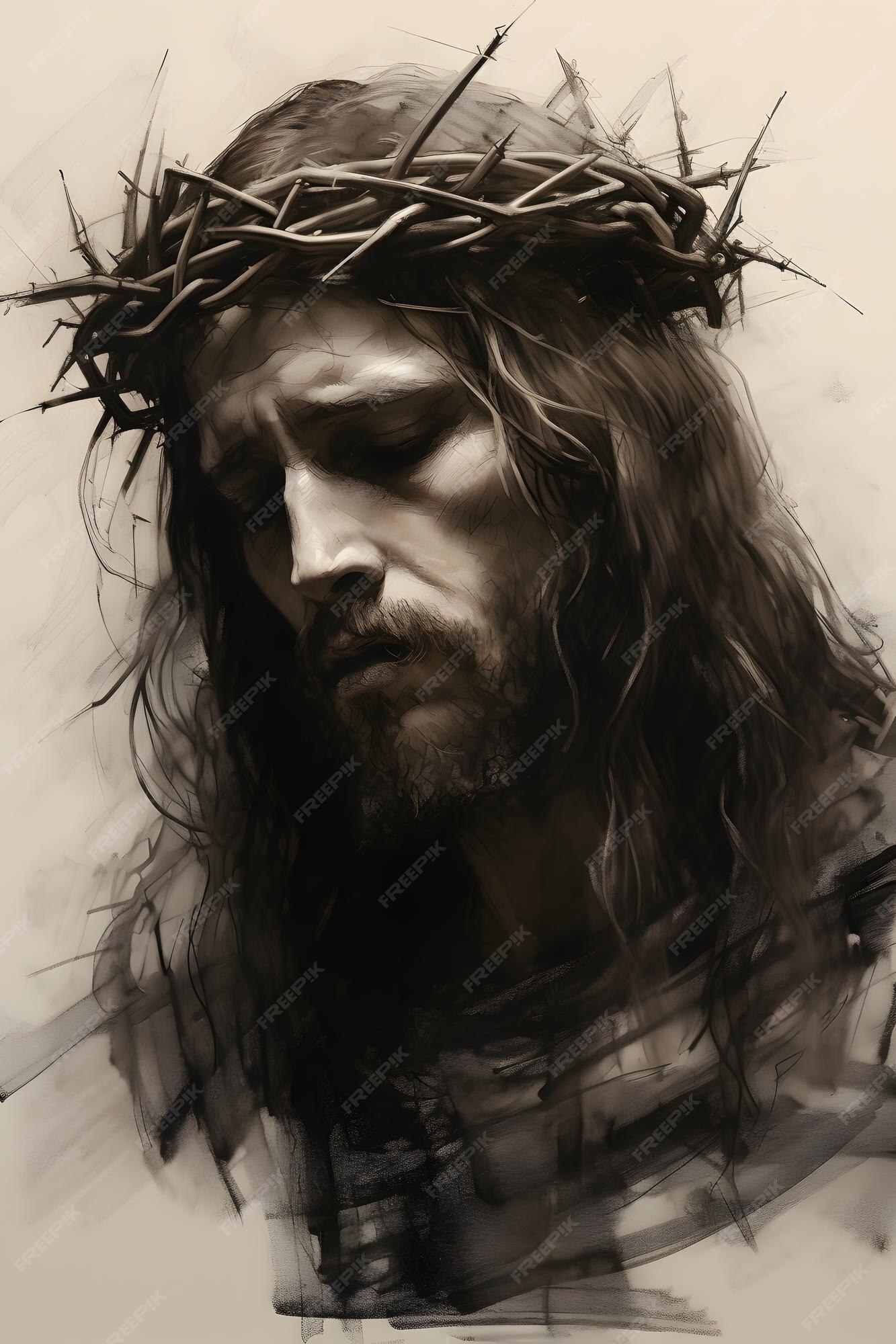 Premium AI Image charcoal portrait drawing of Jesus Christ with a
