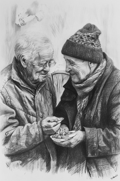 A charcoal sketch of an elderly couple exchanging Martisor trinkets