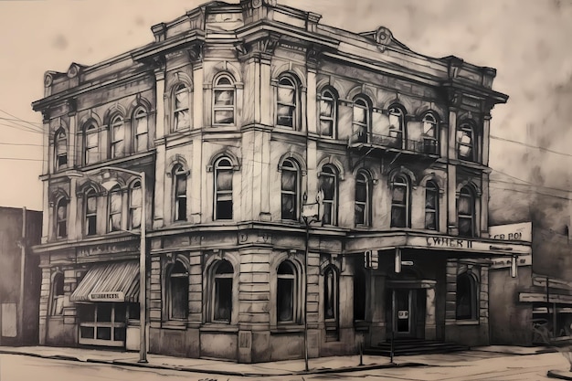 종이 디지털 아트 삽화에 있는 역사적인 건물의 목탄 스케치