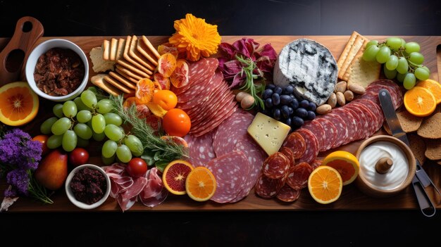 Charcuterie Board 예술적이고 다채로운 음식은 엔터테인먼트에 적합합니다.