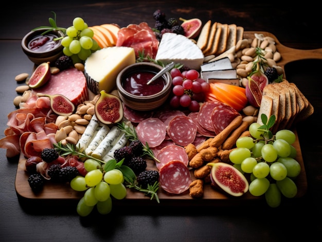 Charcuterie board illustration on white background filled with cheeses thinly sliced cured meats nuts olives and other foods presented as appetizer Charcuterie and cheese platter for menu or ads