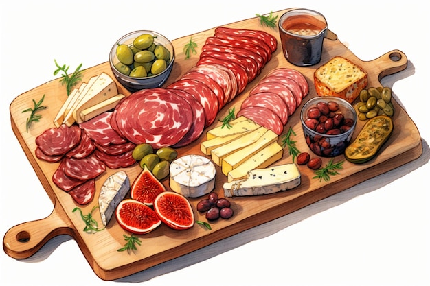 Photo charcuterie board illustration on white background filled with cheeses thinly sliced cured meats nuts olives and other foods presented as appetizer charcuterie and cheese platter for menu or ads