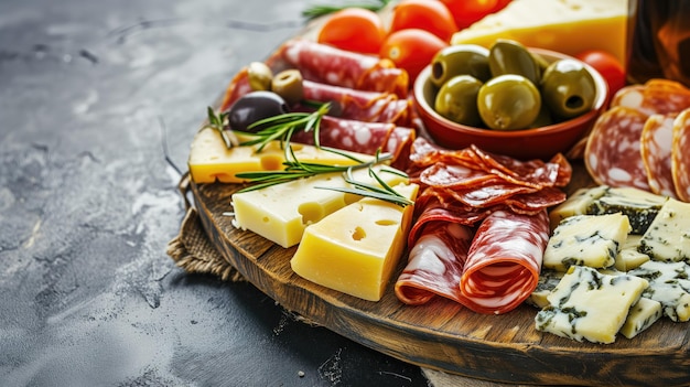 Foto charcuterie e formaggio con erbe e olive