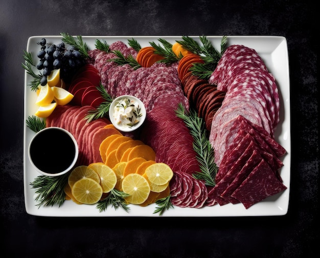 Charcuterie 다른 유형의 치즈 견과류 올리브 햄 살라미 파마산 프로슈토 평면도