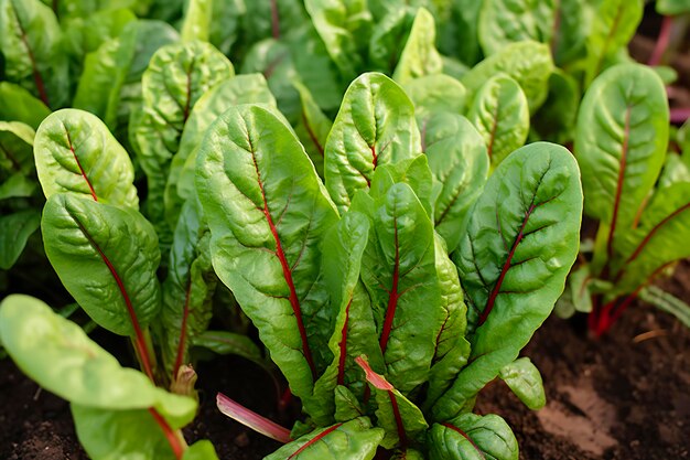 Chard groeit in een stedelijke tuin Tuin beet en salade bladeren close-up Generatieve AI