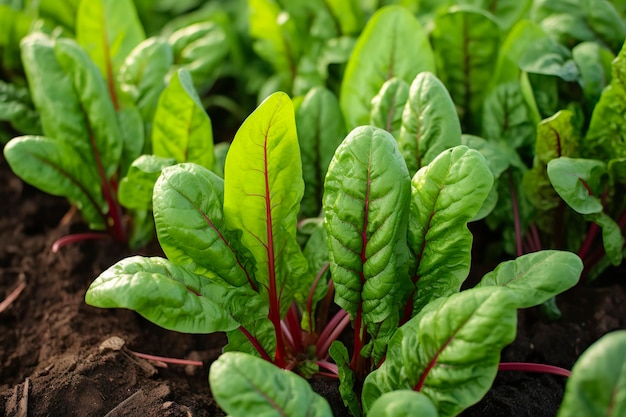 Chard growing in an urban garden Garden beet and salad leaves close up Generative AI