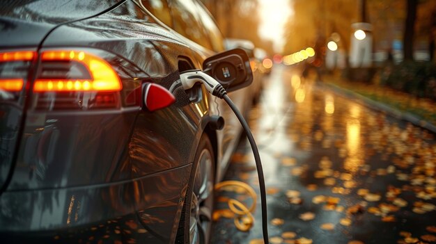 電気自動車の充電器の電源 充電機の電源が電気自動車に接続されています