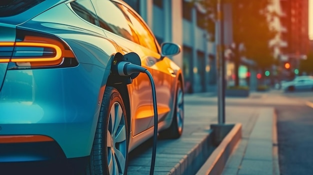 Charging current electric car batteries on the street which represent the automobile's future Generative AI