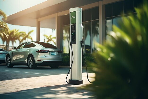 Charging an electric car at a charging station on an urban street