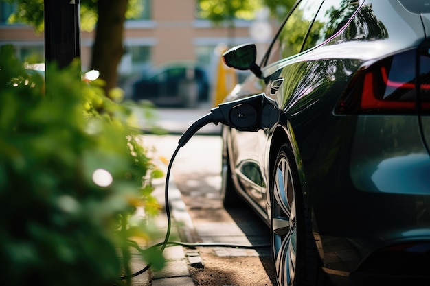 都市の通りで電気自動車を充電する