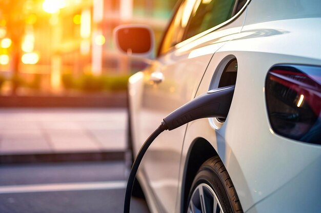 Photo charging an electric car using a power cable at a gas station