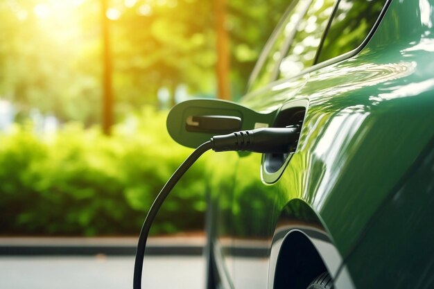 Photo charging an electric car using a power cable in a green environment