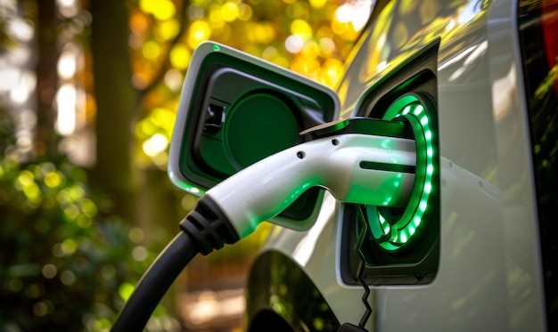 Зарядка электромобиля с помощью зарядного устройства концепция зеленого транспорта