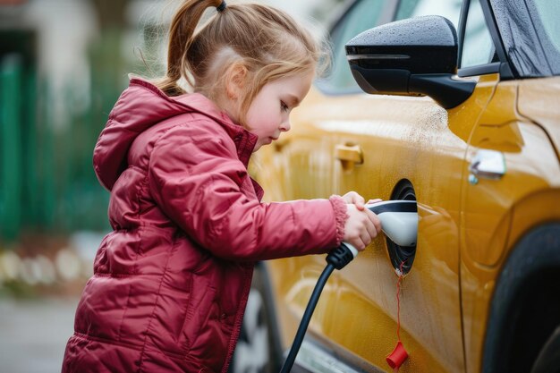 Foto carica auto elettrica con l'aiuto delle figlie