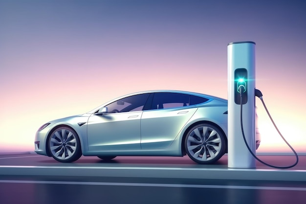 Charging for electric car with station with connected power cable eco technology Generative AI