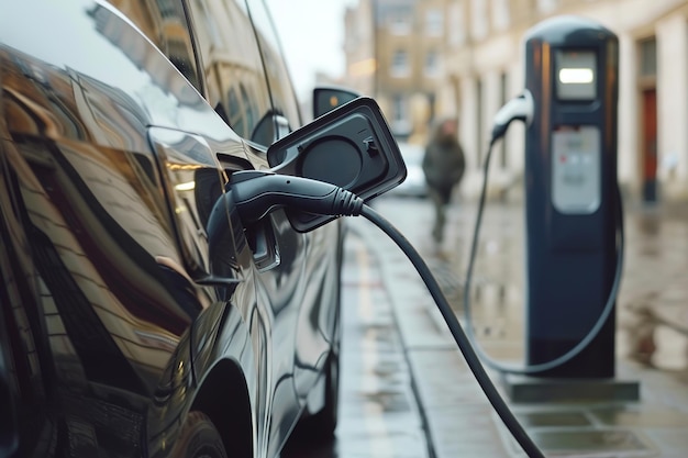 Charging an electric vehicle at an urban station highlighting sustainable transportation