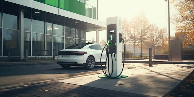 Charging electric vehicles in the city center on a clear day