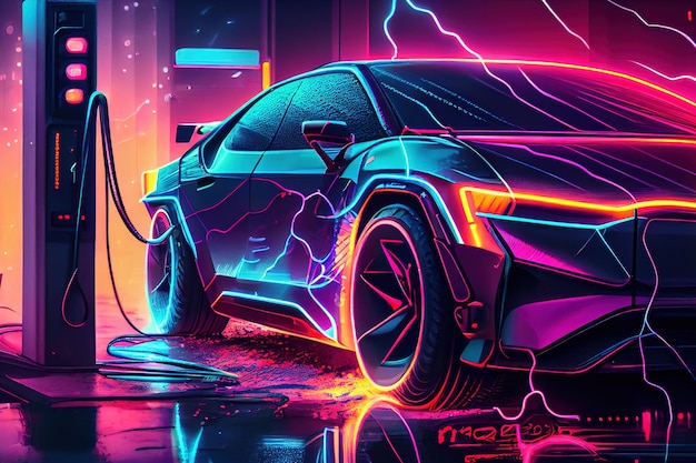 Зарядка футуристического электромобиля на абстрактном цифровом фоне Neon Cyberpunk