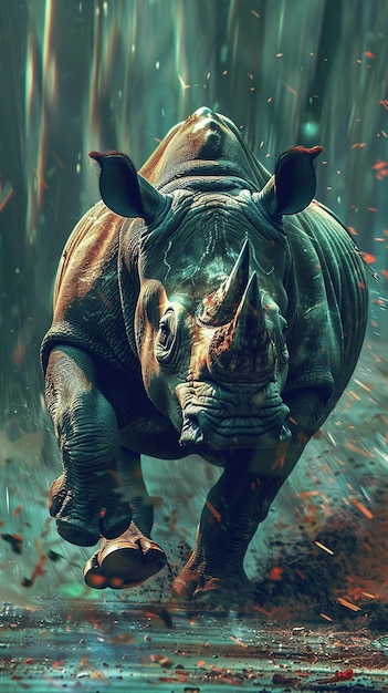 Photo charging rhino in dynamic 3d vector style