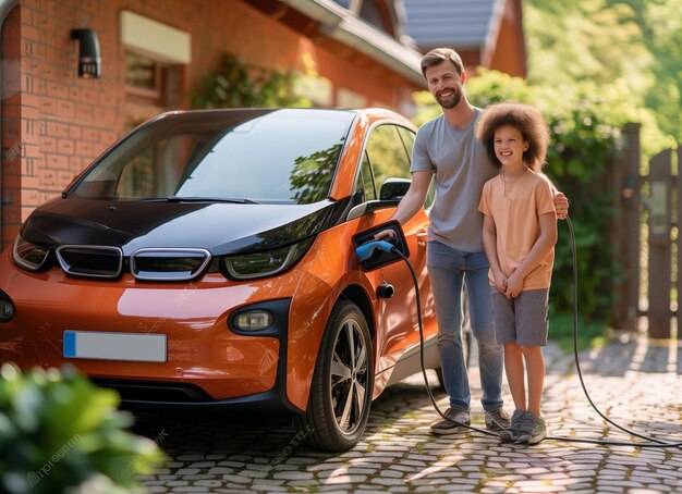 Charging the vehicle together family is with their electric car outdoors