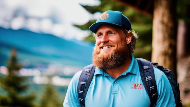 Charismatic bearded man tourist in hat with backpack stands against the backdrop of mountains and trees Generative AI