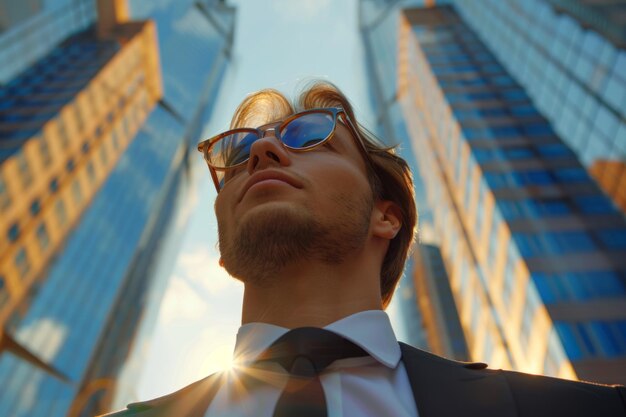 Photo charismatic businessperson standing in front of company hq office manager successful rich