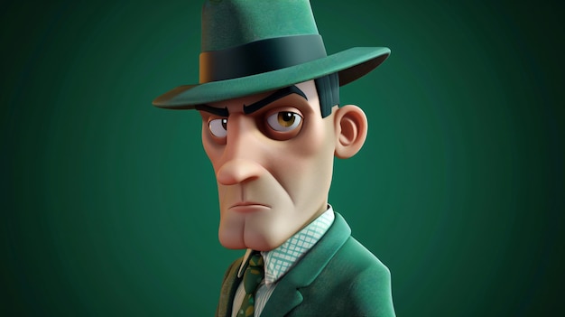 Харизматичный мультфильмный мужчина с намеком на загадку в стильном изумрудно-зеленом блейзере и классической шляпе с федорой Эта 3D-иллюстрация с фото с головой, несомненно, добавит немного изысканности