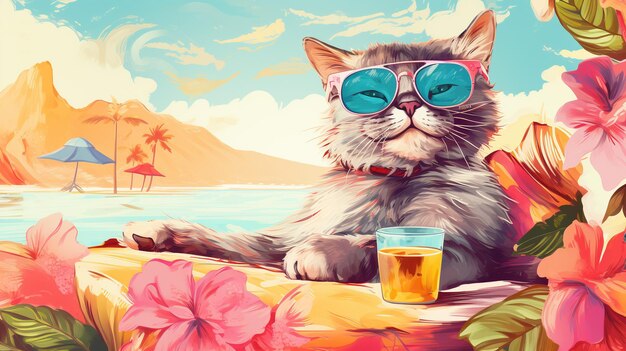 a charismatic cat embraces the vacation by lounging on a vibrant beach towel Sporting stylish sunglasses that exude attitude the feline revels in leisure while sipping a tiny tropical drink