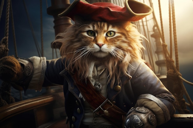 Charismatic cat in pirate suit poses for camera on board