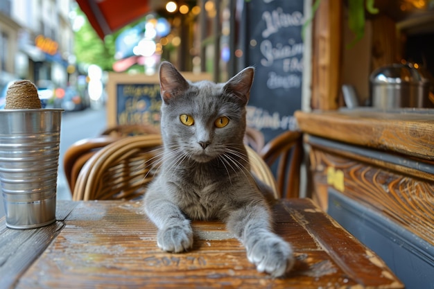Charismatic Gray Cat Sitting on a Wooden Table at a Cozy Street Cafe